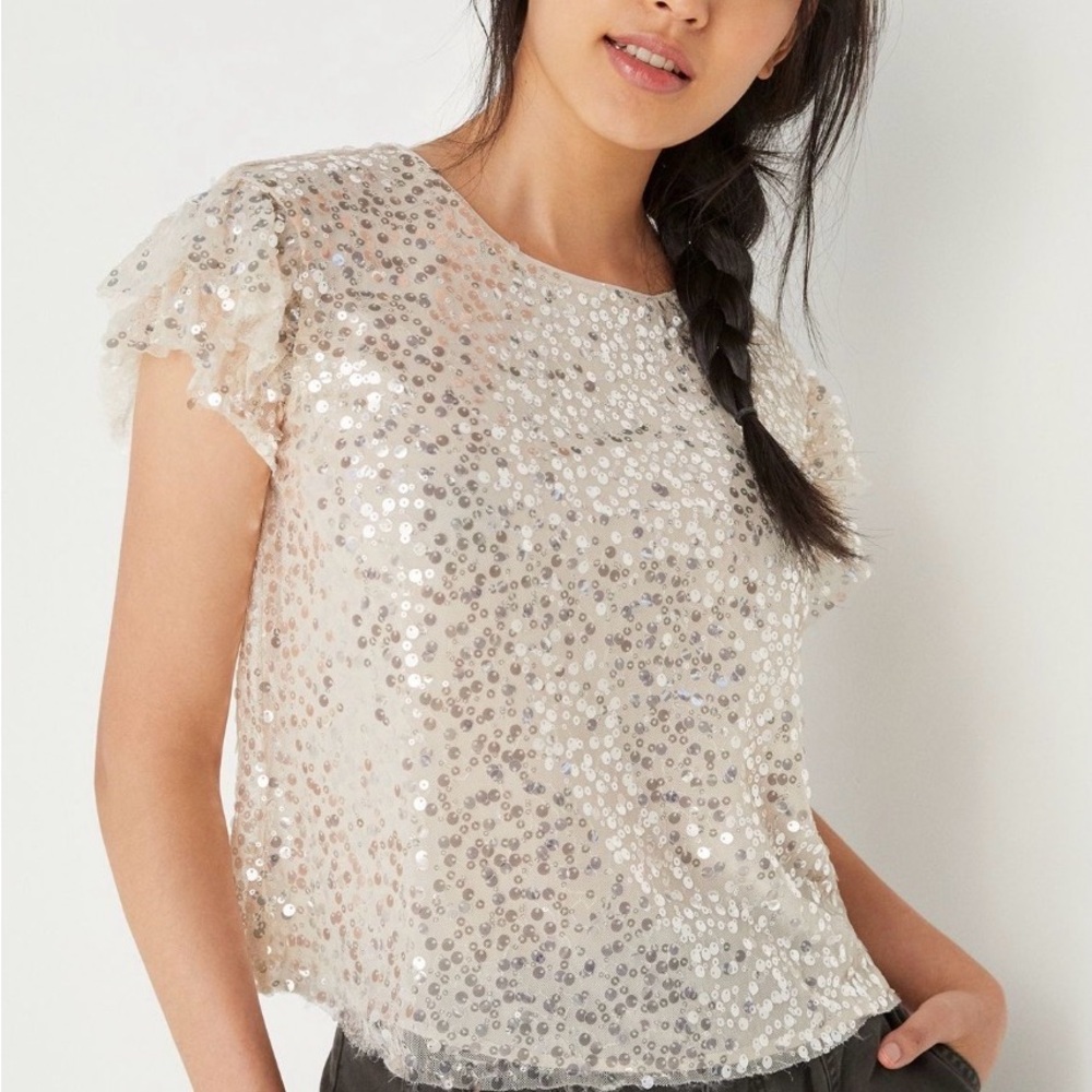 Anthropologie Cream Sequin Blouse